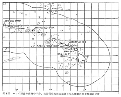 第１図  ハワイ諸島の南東の半分、宝石珊瑚の重要漁場の位置